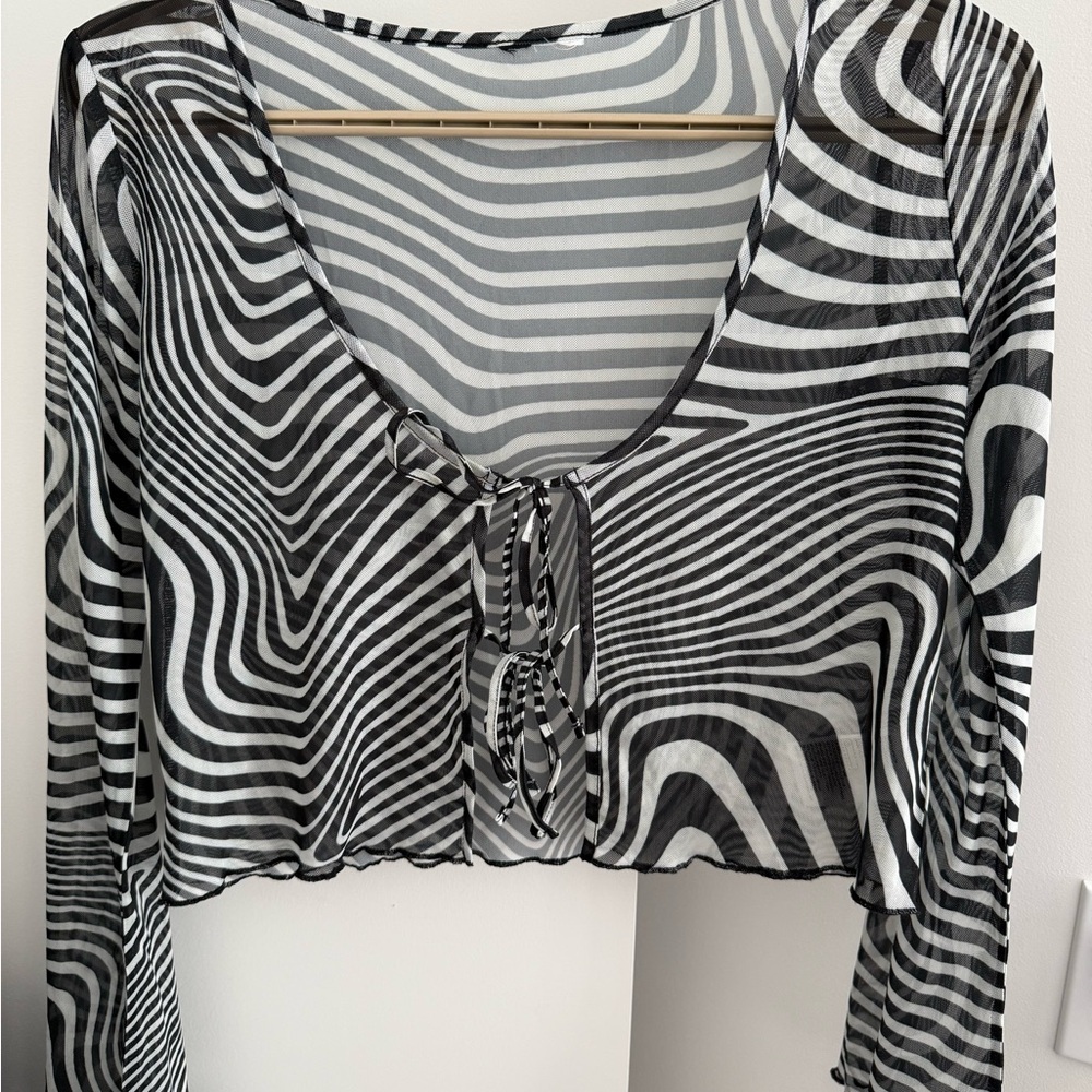 H&M Black & White Sheer Tie-Front Crop Top